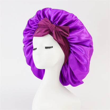 Amazon hot sale satin ribbon round hat bow imitation silk beauty hair care wide brim hat female headscarf sleeping cap