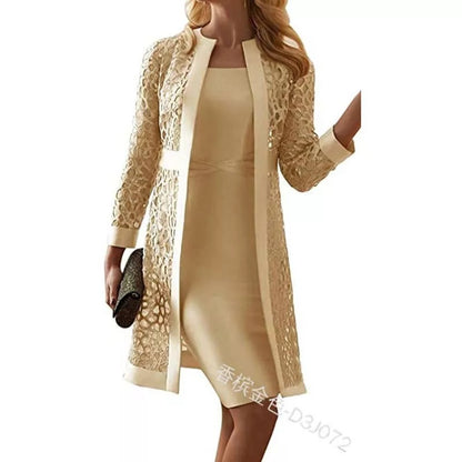 2021 spring and autumn new women's clothing solid color lace cardigan round neck dress two-piece set Amazon wish