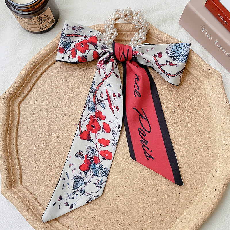 Pearl scarf headband female hair ring streamer net celebrity 2021 new summer thin hair tie ribbon headdress hair rope