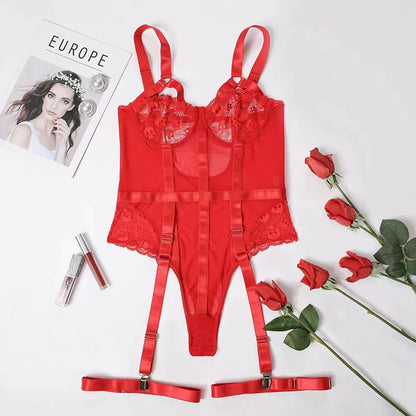 Cross-border hot-selling women's clothing supply European and American hot girls lingerie sexy lace hollow see-through sexy jumpsuit in stock