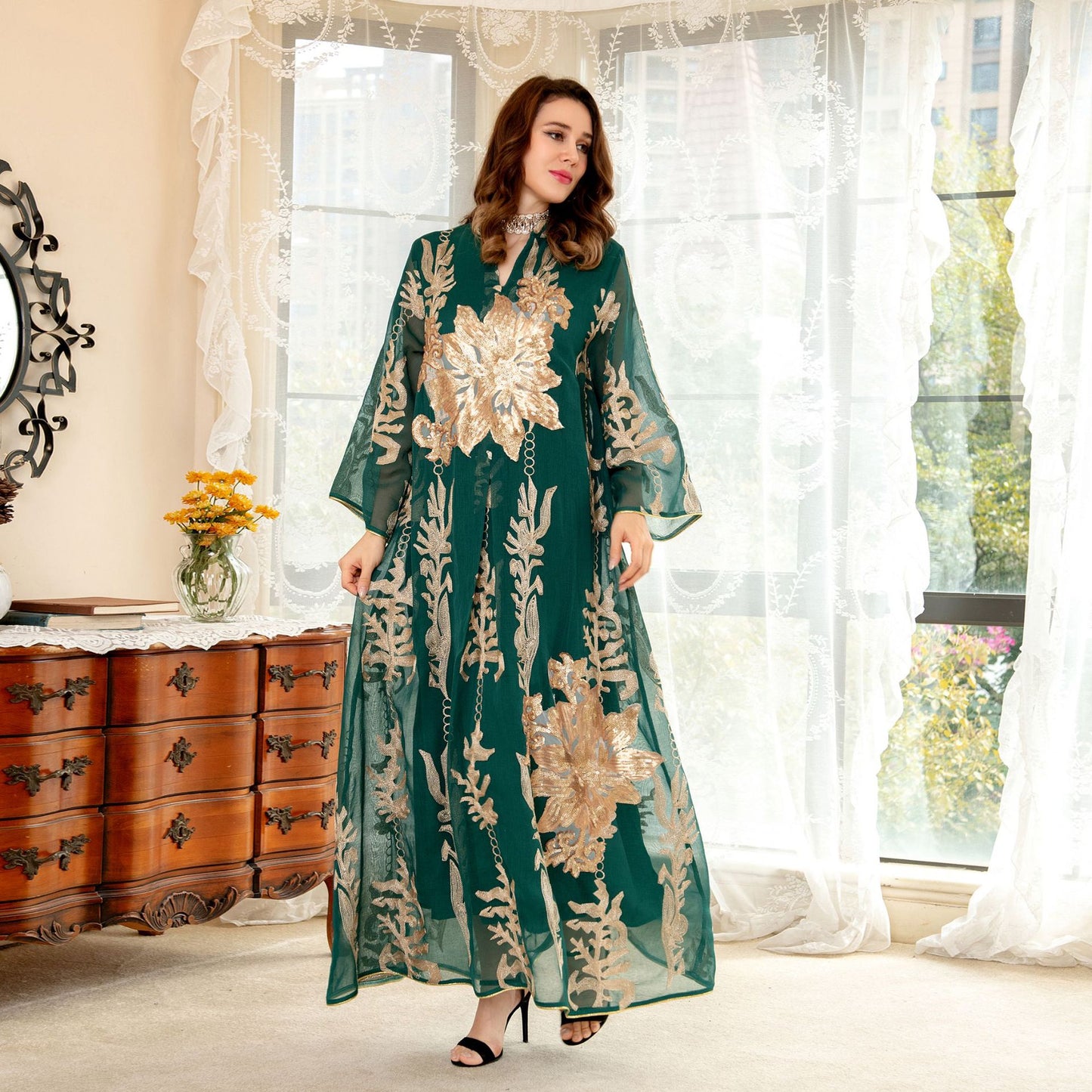 AB056 2023 European dress Muslim dress summer abaya fashion sequins Middle East foreign trade women's clothing