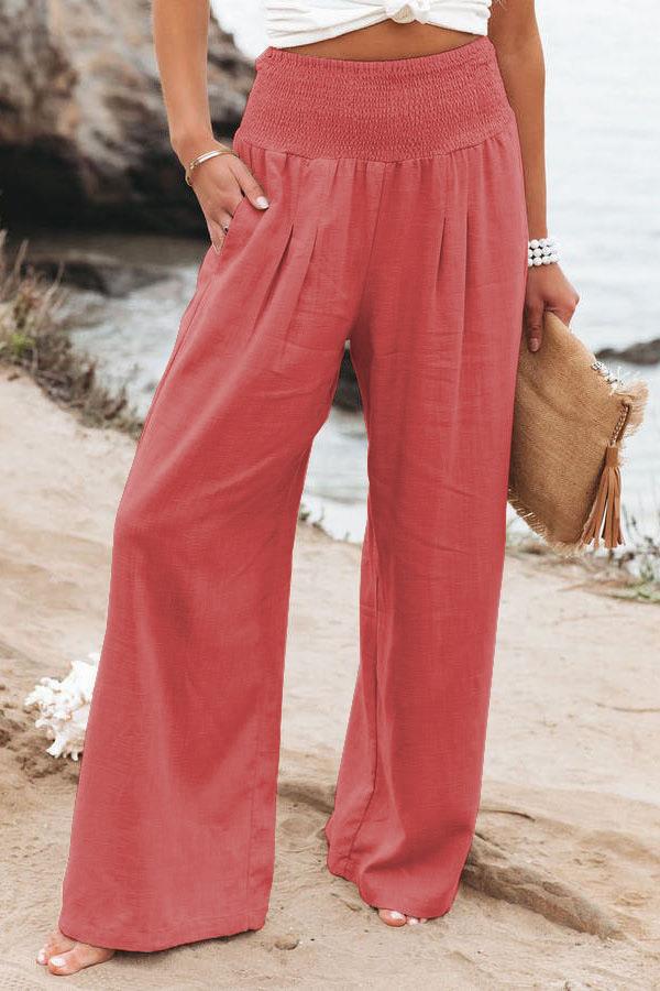 Cross-Border Independent Station Amazon 2023 Spring and Summer Women's Clothing Cotton Linen Pure Color Elastic Waist Wide Leg Pants Casual Pants Trousers