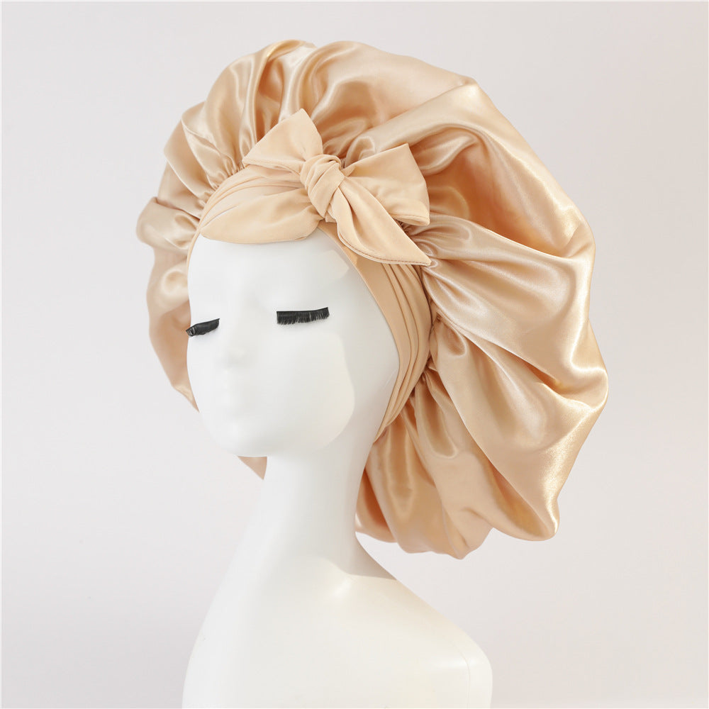 Amazon hot sale satin ribbon round hat bow imitation silk beauty hair care wide brim hat female headscarf sleeping cap