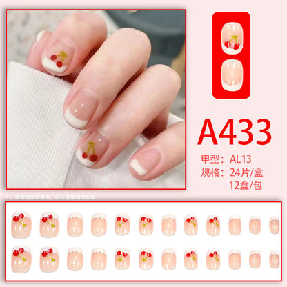 Wearable manicure nail pieces blooming French ins Aurora removable fake nails bow frosted ice transparent small clear