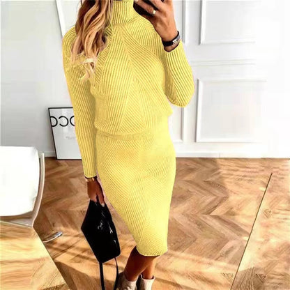 2023 Amazon wish new autumn and winter women's clothing European and American turtleneck knitted solid color pullover sweater suit skirt