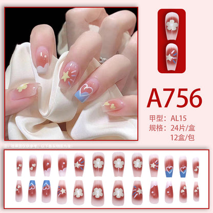 Fresh French flowers, cute ins wind, ice and transparent stars, long style, short style, white, high-end manicure and wearable nails