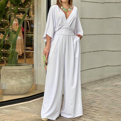 2023 Cross-Border Amazon European and American Women's Clothing Fashion Casual Simple Style Temperament V-neck Loose Fitted Waist Jumpsuit