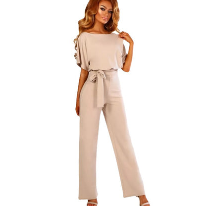 2020 European and American women's clothing Amazon ebay temperament commuting summer button tie short-sleeved light familiar straight-leg jumpsuit