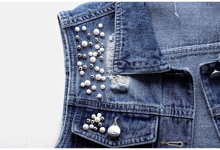 Denim Vest Women's Short Hole Beaded Sleeveless
