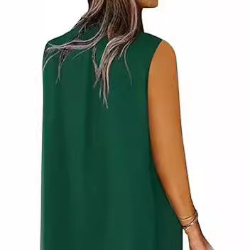 Robe ample sans manches élégante à col en V et couleur unie pour femme