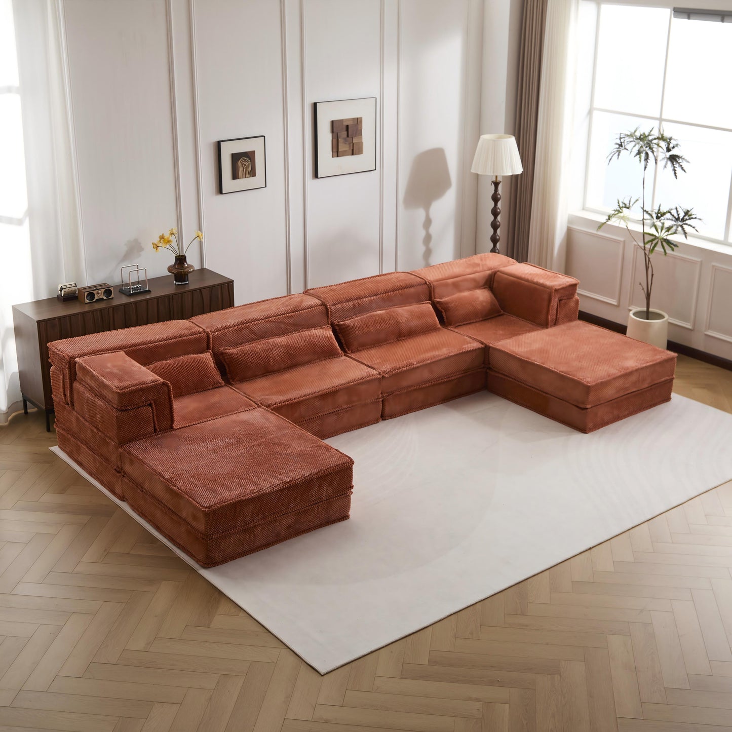 Compression Mahjong Sofa,Convertible Floor Sofa Bed,DIY Boneless Modular Sectional Sofa,No Assembly Required,Circle Fleece Fabric,Oversized 4 Seater With 2 Ottoman,Orange
