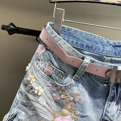 New Embroidery Beads Loose Straight Denim Shorts Women