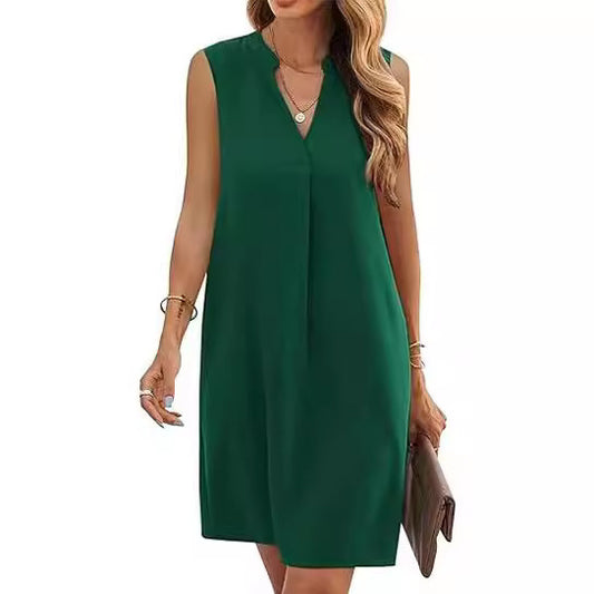 Sleeveless Elegant V-neck Loose Solid Color Dress Women