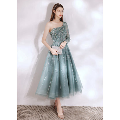 Teal One Shoulder Luxury Beaded Ladies Dress