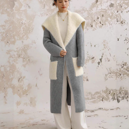 Fur Collar Long Stitching Cardigan Loose Knitted Overcoat Coat