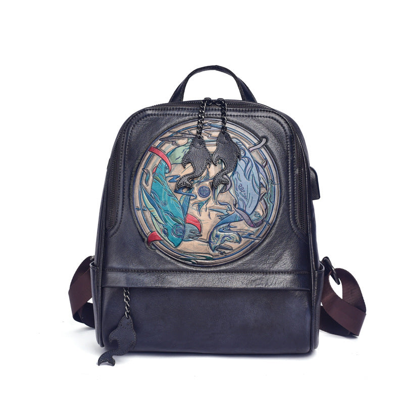 Leather Double Shoulder Vintage Hand Engraved Backpack