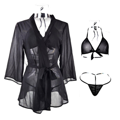 Perspective Chiffon Outer Robe Three Point Underwear Set