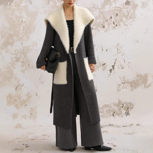 Fur Collar Long Stitching Cardigan Loose Knitted Overcoat Coat