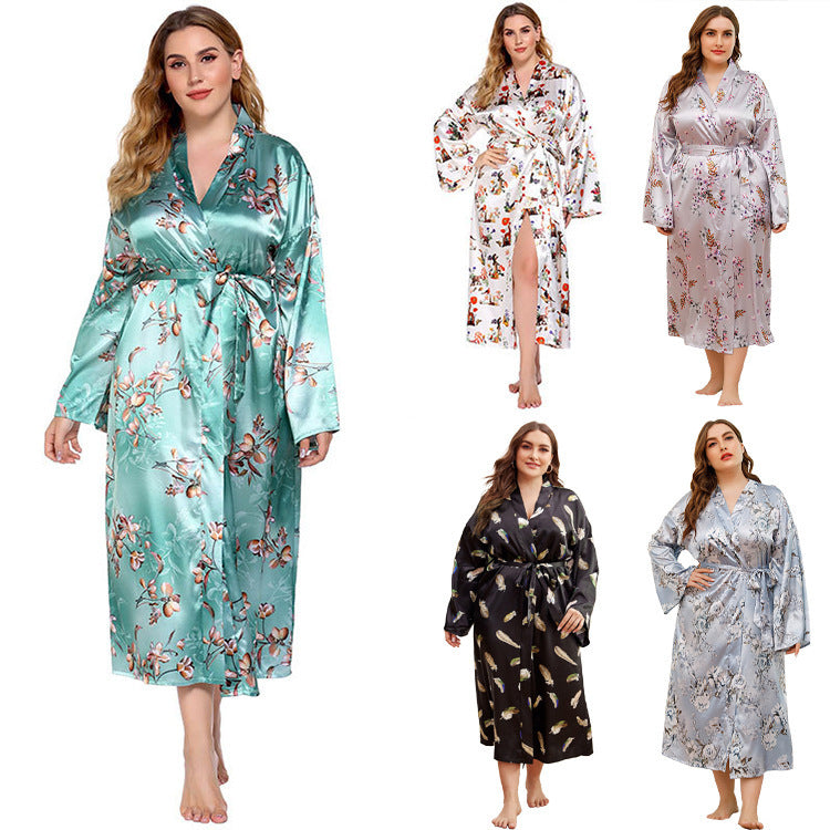 Long Robes For Women Flower Print Bathrobe V-neck Silk Sleepwear