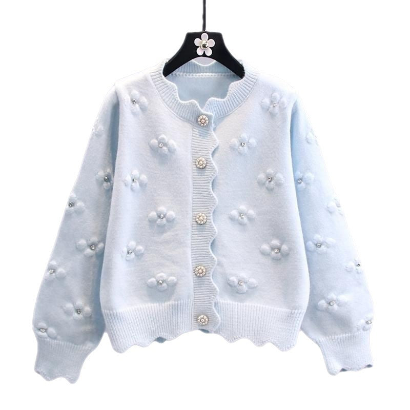 Pull-over à petites fleurs perlées en trois dimensions, cardigan tricoté de style universitaire japonais de style occidental d'apparence jeune