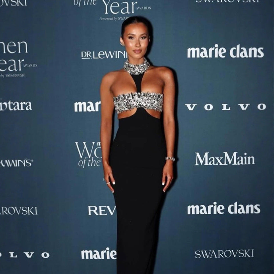 Luxury Rhinestone Fashion Halter Sexy Cutout Black Bandage One-piece Dress