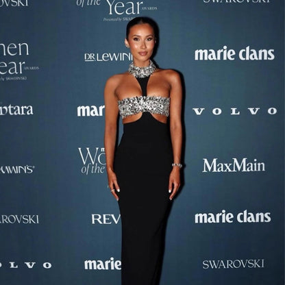 Luxury Rhinestone Fashion Halter Sexy Cutout Black Bandage One-piece Dress