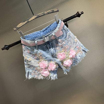 New Embroidery Beads Loose Straight Denim Shorts Women