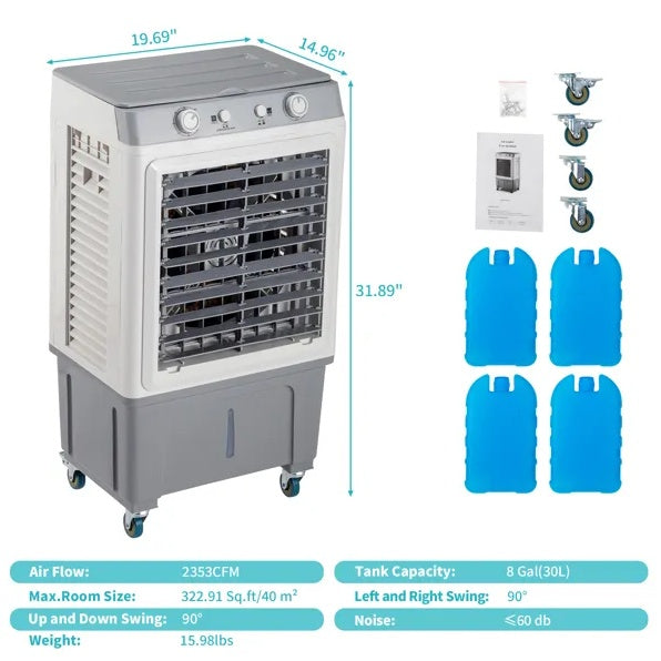 3 In 1 Portable Evaporative Cooler,Indoor,Outdoor,2353CFM Personal Air Cooler,7.9 Gal Large Water Tank & Scroll Casters, 4 Ice Packs,White, Manual Control