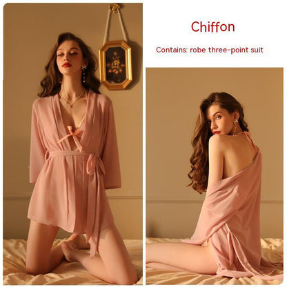 Perspective Chiffon Outer Robe Three Point Underwear Set