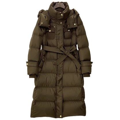 Waist-tight Temperament Mid-length Over The Knee Hood Down Jacket