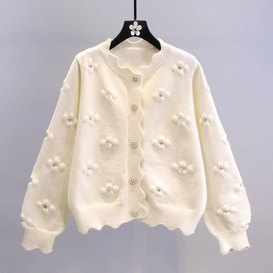 Three-dimensional Beaded Small Flower Sweater Coat Japanese College Style Western Style Youthful-looking Knitted Cardigan