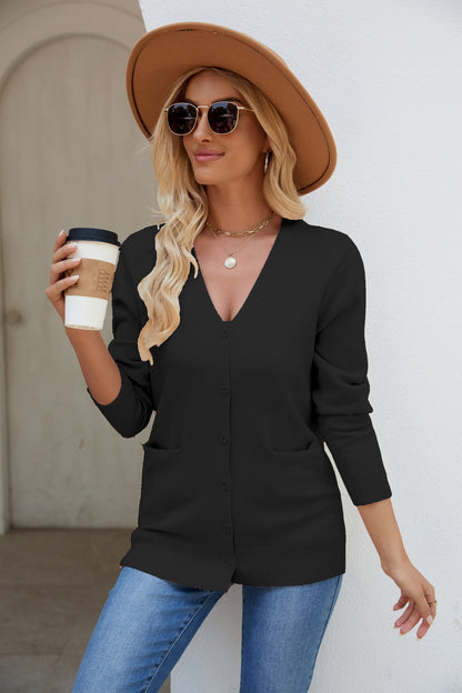 Knitted Cardigan Sweater Women V-neck Long Sleeve Single Breasted