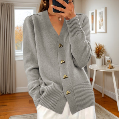 V-neck Knitted Sweater With Love Button Fashion Solid Long-sleeved Cardigan Spring And Autumn Women's Clothing