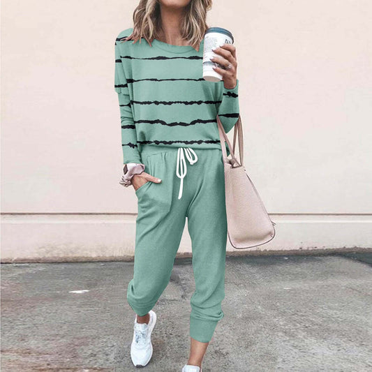 Two Piece Outfits for Women Jogging Suits Casual Striped Printed Long Sleeve Sweatsuits Jogger Pants Workout Athletic Tracksuits with Pockets