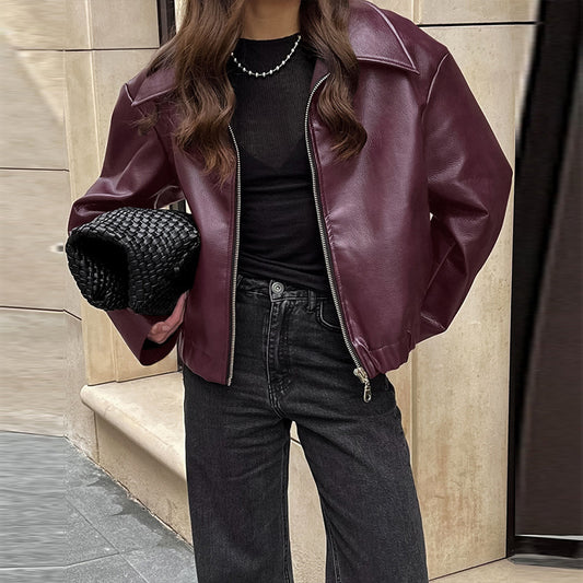 Vintage Style Women's Solid Color Faux Leather Jacket, Zip-Up Biker Jacket With Lapel Collar Casual Coat