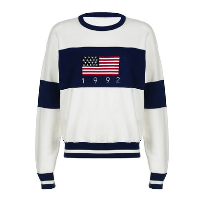 American Preppy Style Round Neck Long Sleeve Woolen Top