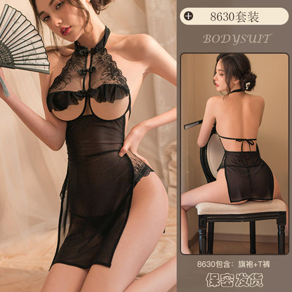 Sexy Lingerie Cutout Lace Seduction Cheongsam Hot Small Chest See-through Uniform Pajamas