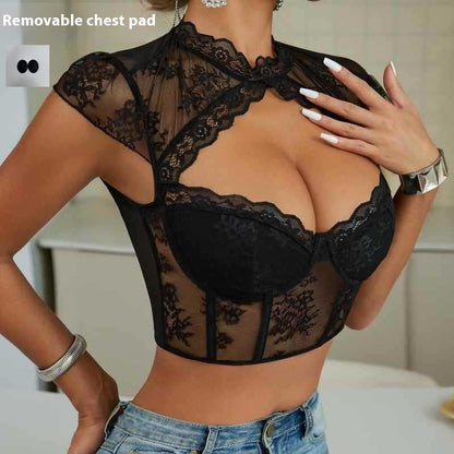 European And American Style Lace Diamond Sexy Cutout Steel Ring Fishbone Slim Fit Crop-top Short Top