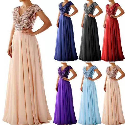 European And American Women's Sleeveless Dress V-neck Sequins Elegant Chiffon Stitching Evening Dress