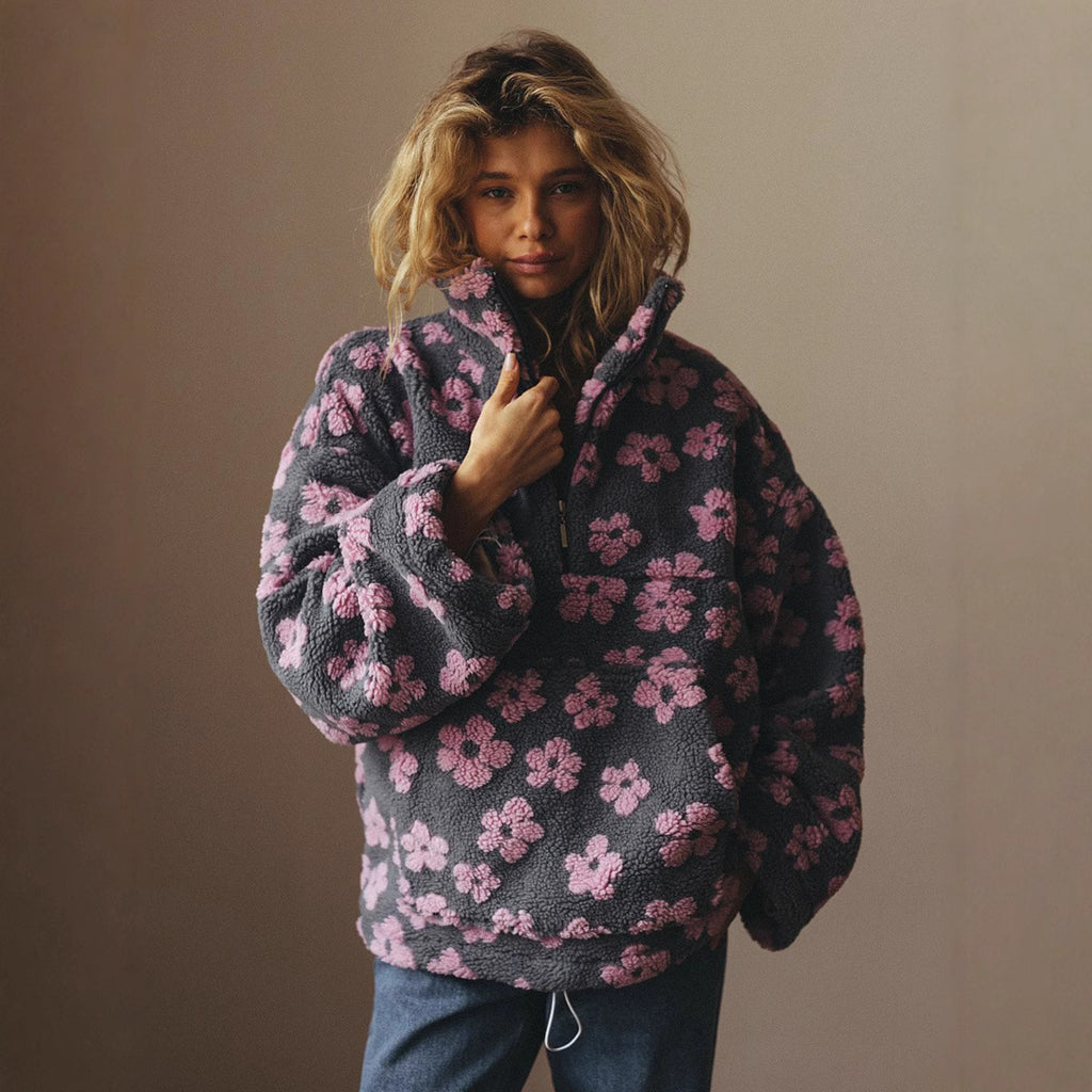 Winter Flowers Lambskin Sweatshirt With Big Pocket Casual Loose Zip-up Lapel Pullover Top Women's Clothing
