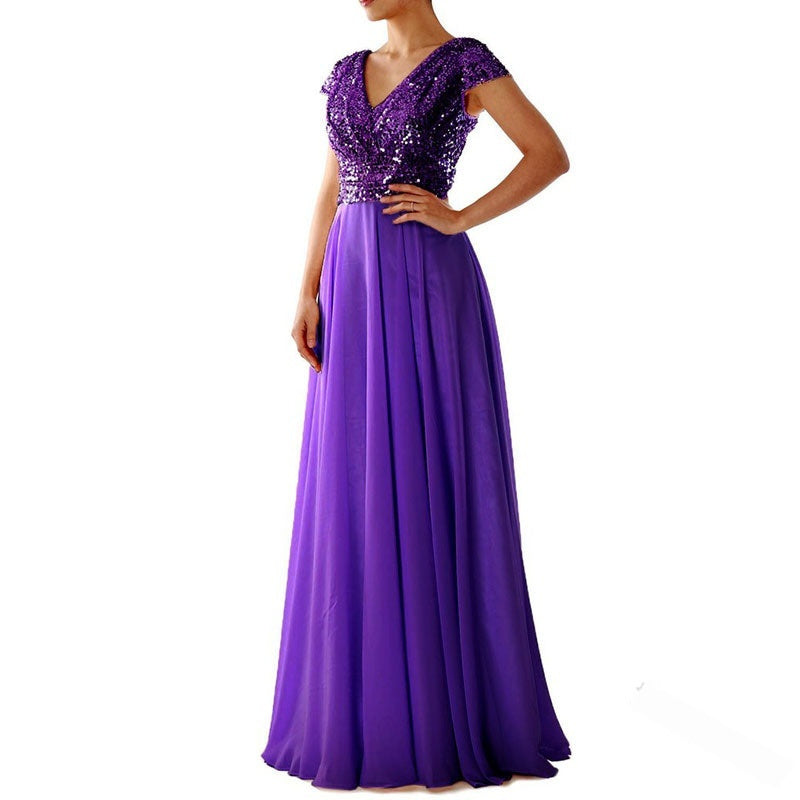 European And American Women's Sleeveless Dress V-neck Sequins Elegant Chiffon Stitching Evening Dress