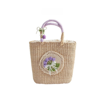 Sac en paille tissé à la main décontracté carré vertical fleur violet