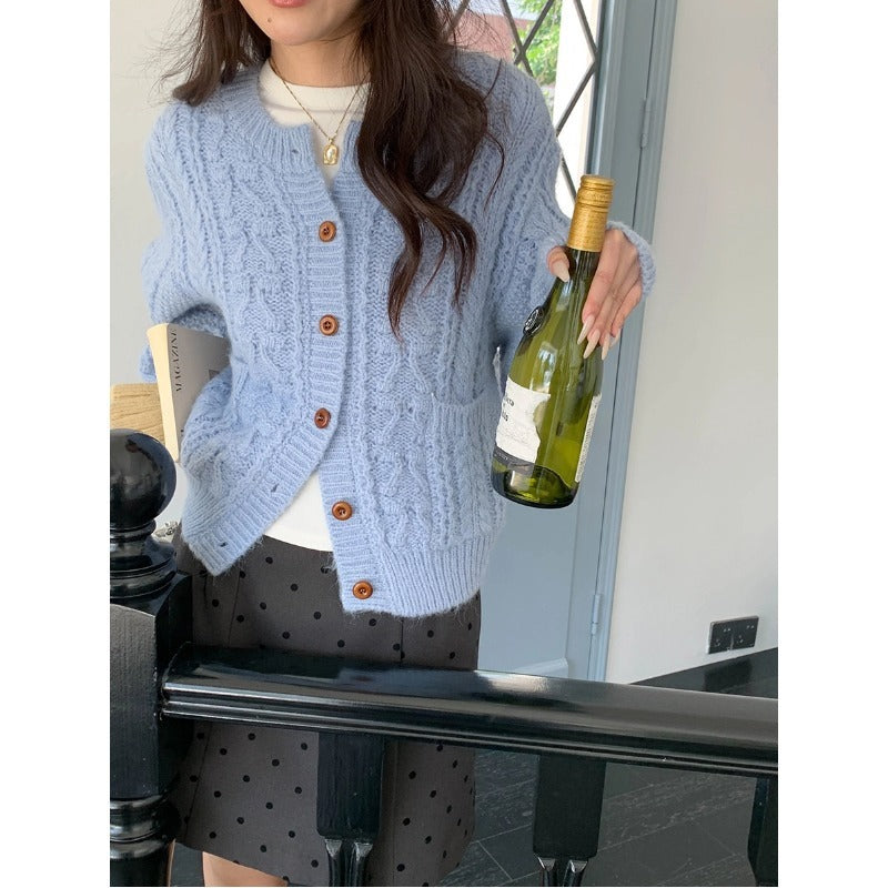 Korean Style Idle Style Thick Needle Twisted Texture Knitted Cardigan Sweater