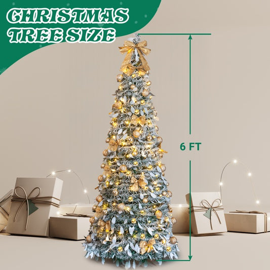 6 FT Snow Flocked Pre-lit Artificial Pop Up Christmas Tree With 100 Warm Lights And Golden Ornaments For Home Office Store Holiday Deco, Snowy Green