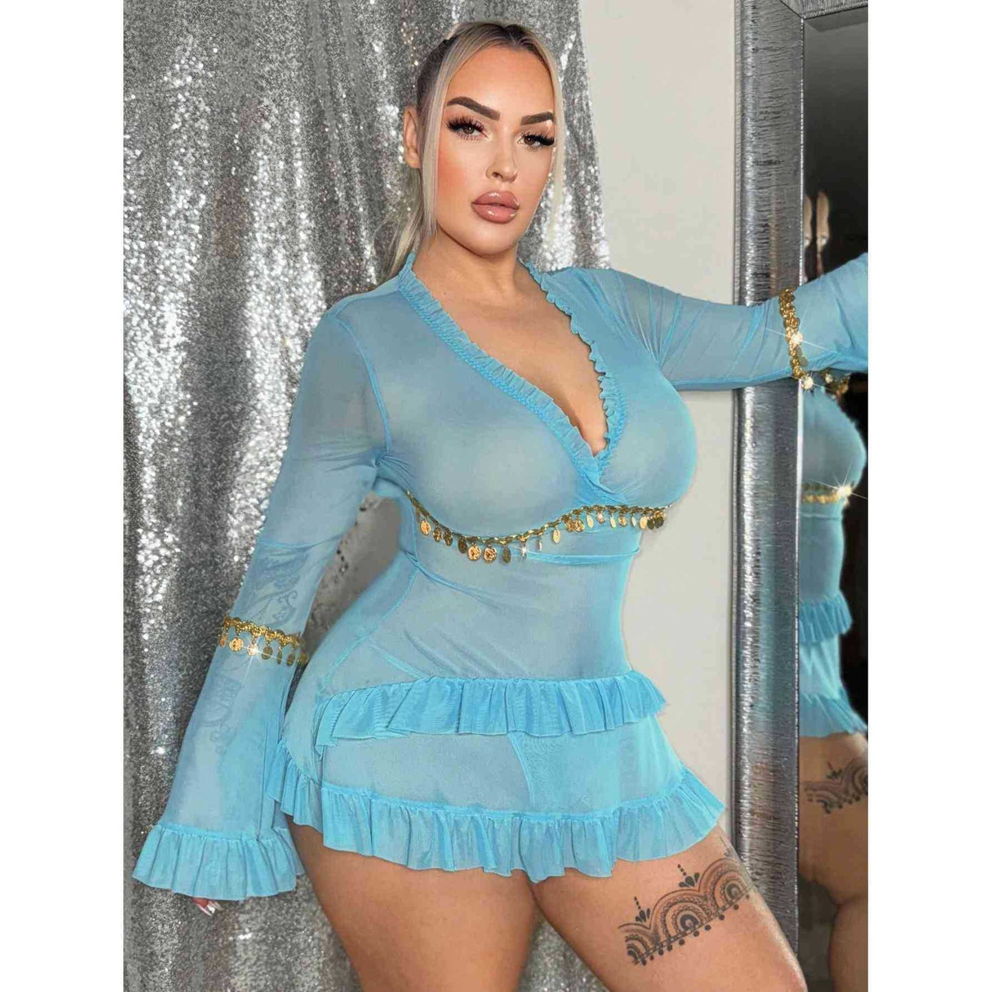 Lace Long-sleeve Mesh Sexy Lingerie Set