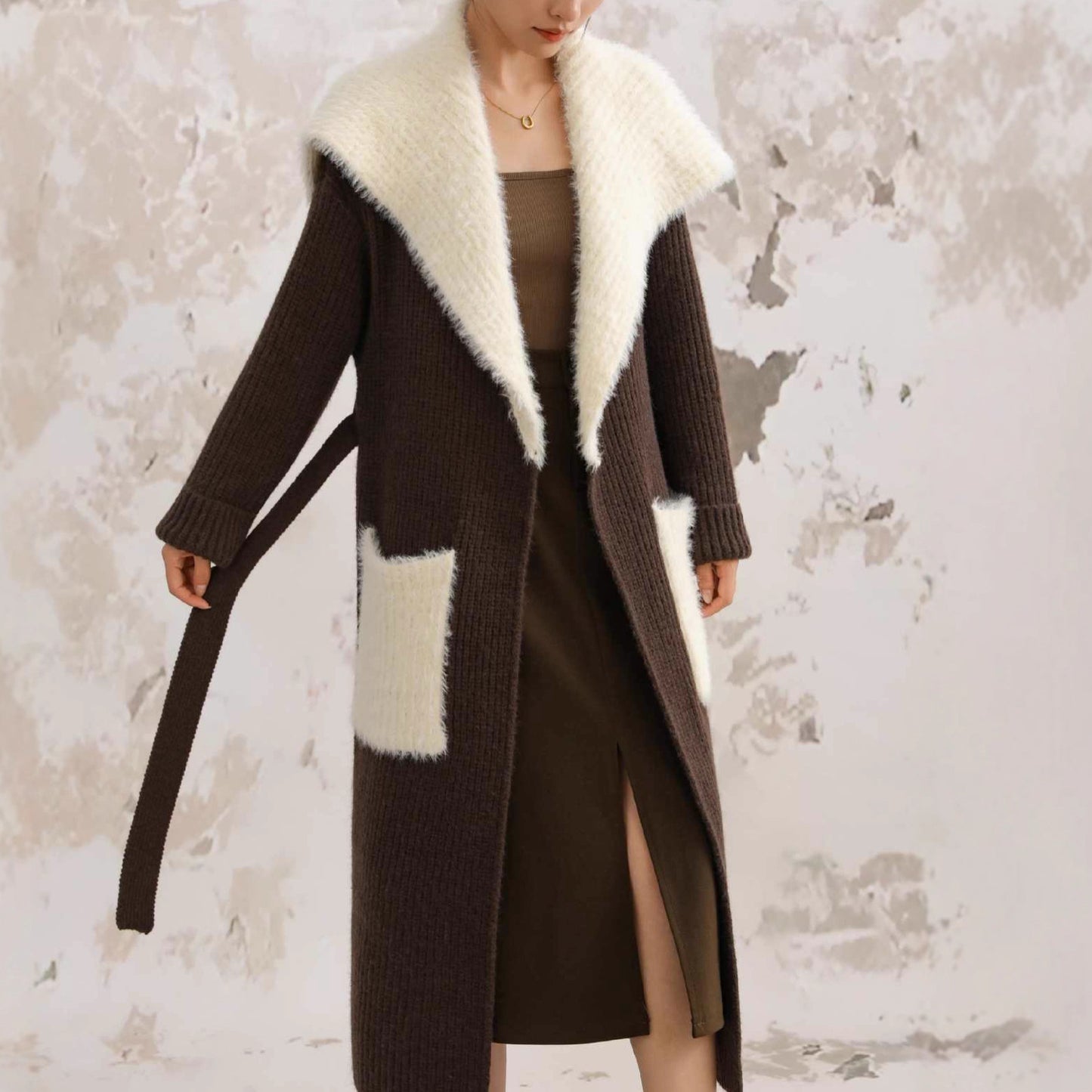 Fur Collar Long Stitching Cardigan Loose Knitted Overcoat Coat