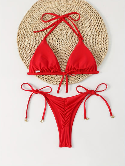 Sexy V-shaped Bikini Set For Women, Solid Color, Thong, Shell Clasp, Bikini
