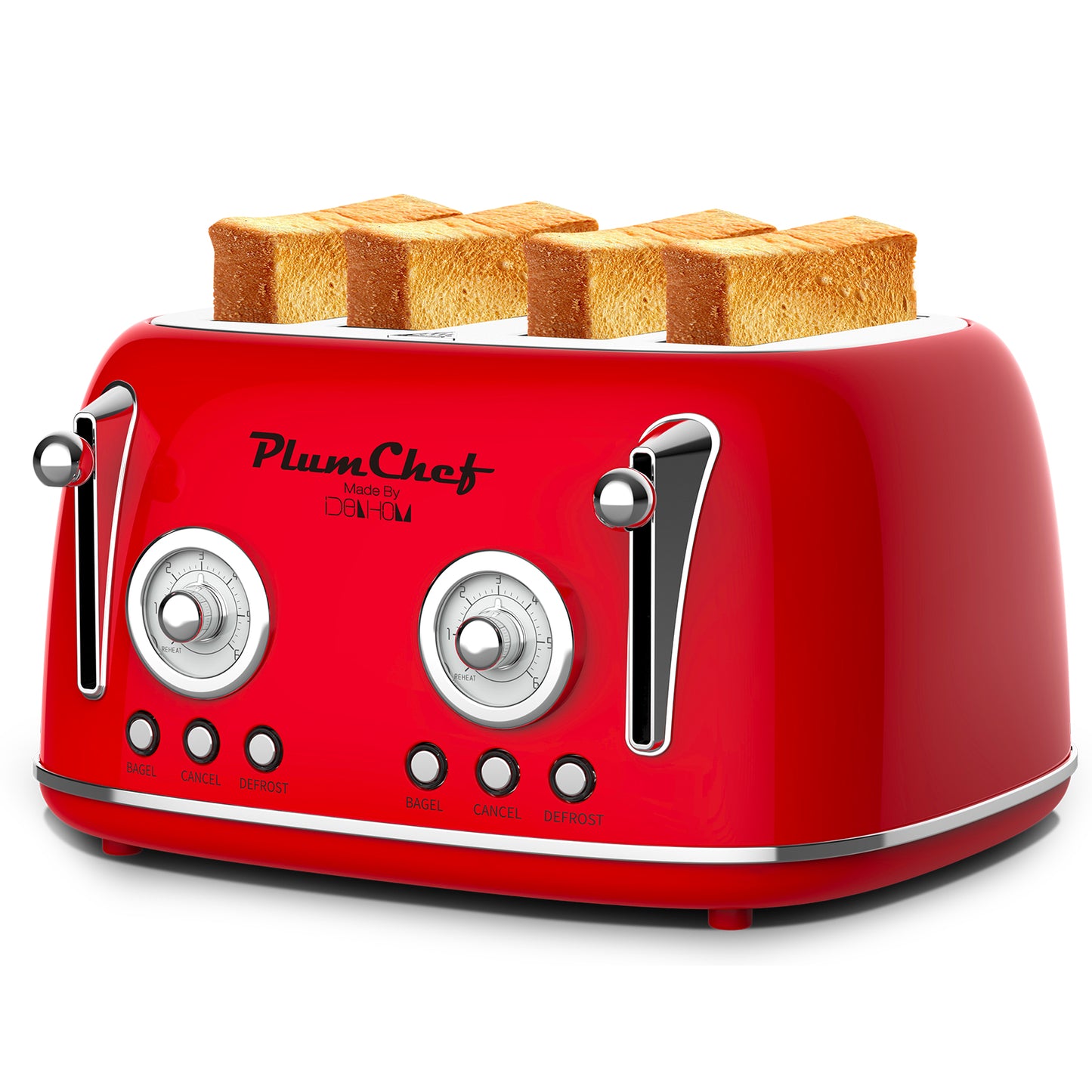 4 Slice Retro Toaster, Dual Control Toaster, Warming Rack, 6 Settings, Bagel, Defrost, Removable Crumb Tray, Stainless Steel Housing, 1650W, Red