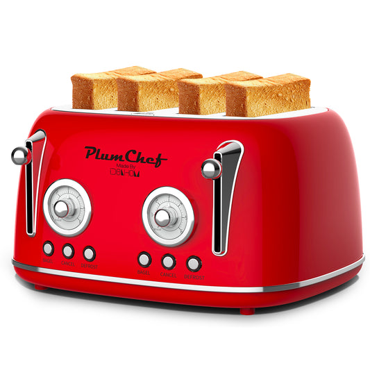 4 Slice Retro Toaster, Dual Control Toaster, Warming Rack, 6 Settings, Bagel, Defrost, Removable Crumb Tray, Stainless Steel Housing, 1650W, Red