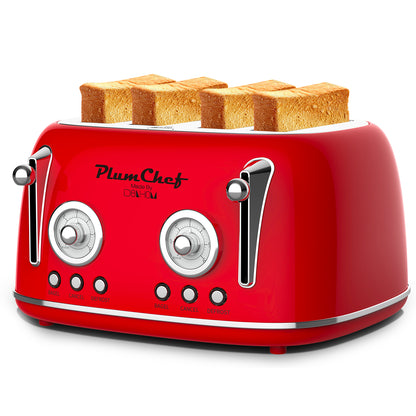 4 Slice Retro Toaster, Dual Control Toaster, Warming Rack, 6 Settings, Bagel, Defrost, Removable Crumb Tray, Stainless Steel Housing, 1650W, Red